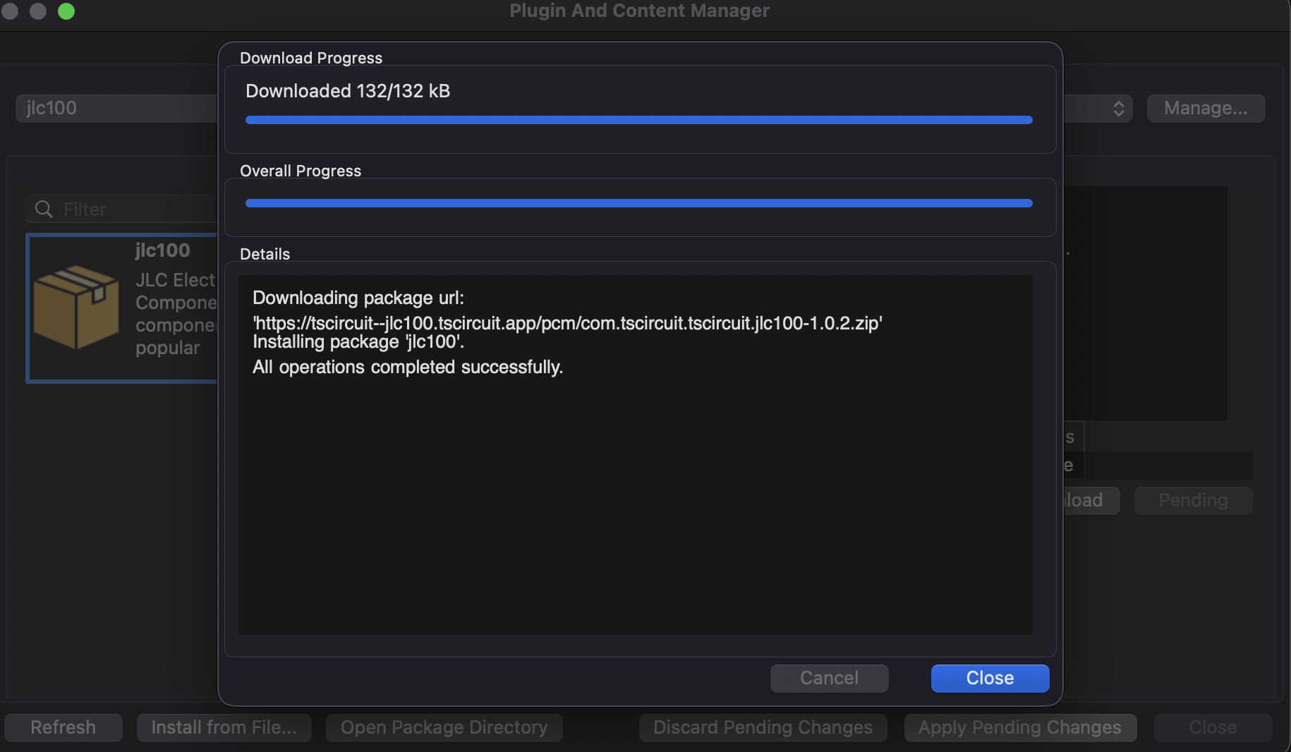 Download progress showing successful installation