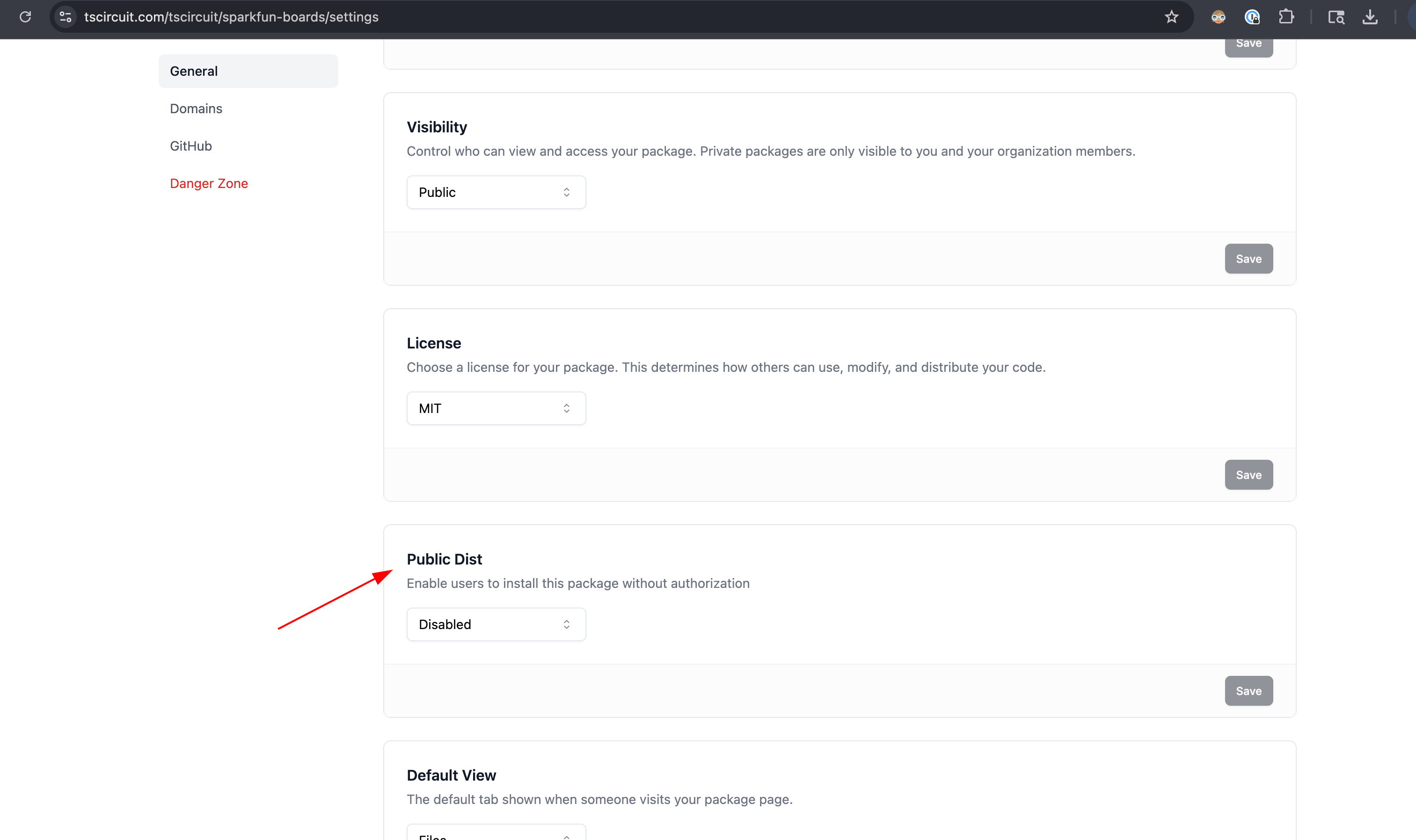 Enable Public Dist option in the tscircuit package settings page